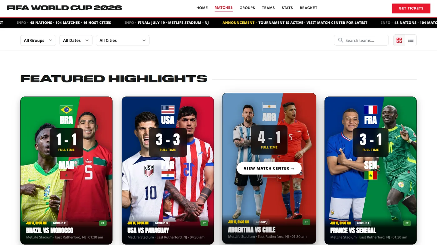 Fixtures grid — the 104-match cards